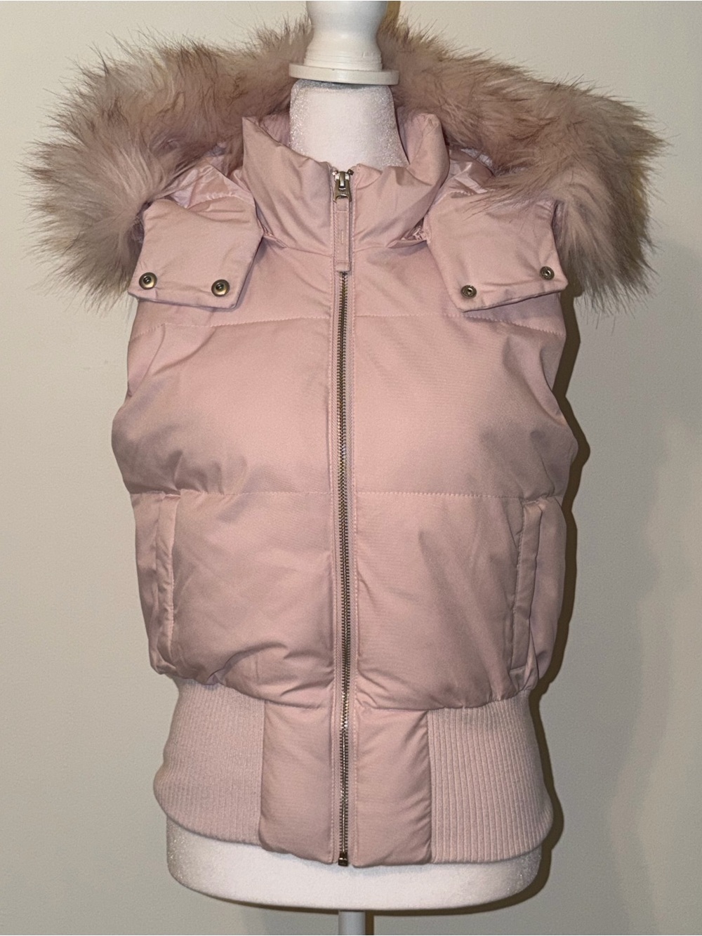Hollister Light Pink Puffer Vest Detachable Faux Fur Hood Small